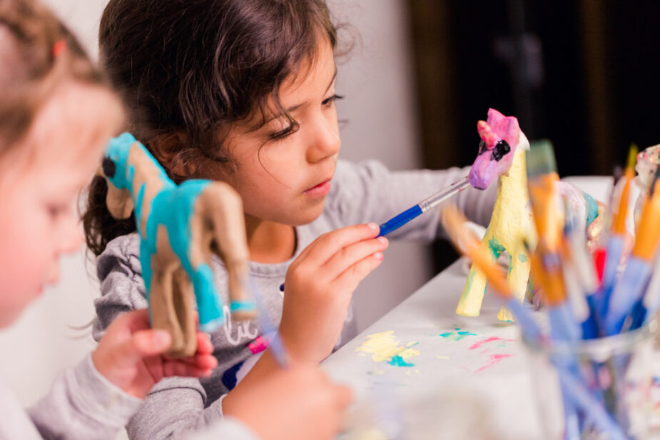 Little,Girls,Decorating,Small,Paper,Mache,Unicorn,Figurines.
