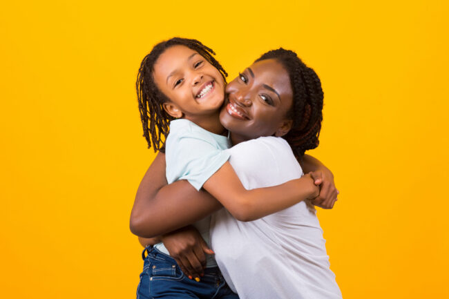 Children,Adoption,Concept.,African,American,Mother,Hugging,Her,Foster,Child,