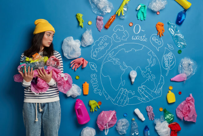 Environmental,Protection,Concept.,Serious,Young,Korean,Woman,Carries,Plastic,Garbage